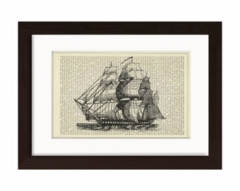 Engraving of Frigate Sailing Ship  Print on Upcycled 1880's Antique Page mixed media digital