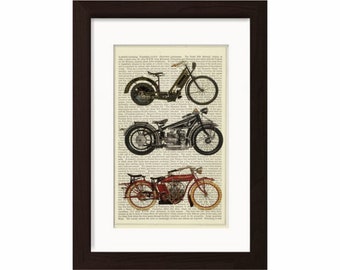 Old Motorcycles Print on vintage upcycled page mixed media