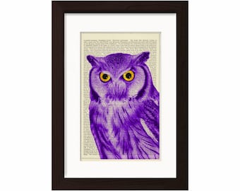 Stunning Owl with piercing eyes Print on repurposed vintage book page