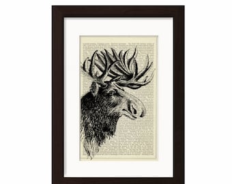 Majestic Moose Head  Engraving Print on vintage upcycled page Mixed Media Original old book page