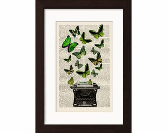 Typewriter with Green Butterflies  print on vintage (1870's) upcycled book page mixed media digital