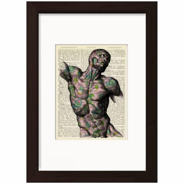 Anatomy Print - Paisley Torso with Muscles Print on vintage  upcycled 1890's Latin Dictionary Page