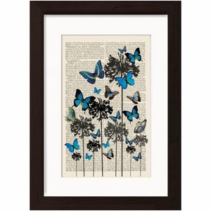 Blue Butterflies Black Grey Flowers Print on upcycled French Dictionary Vintage Page mixed media  digital