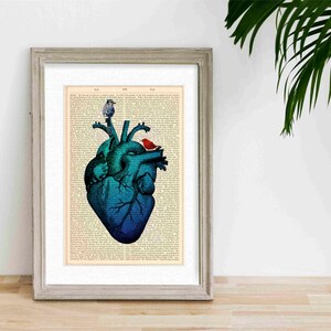 Blue Heart and Birds Print on upcycled 1870's encyclopaedia Page image 6