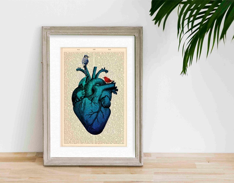 Blue Heart and Birds Print on upcycled 1870's encyclopaedia Page image 6