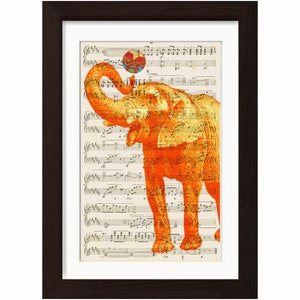 Elephant Print        Orange Elephant with Ball  print on upcycled Vintage Sheet Music Page mixed media  digital