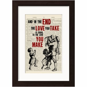 The Beatles  And In The END  song lyric Print on upcycled Vintage Page mixed media digital print