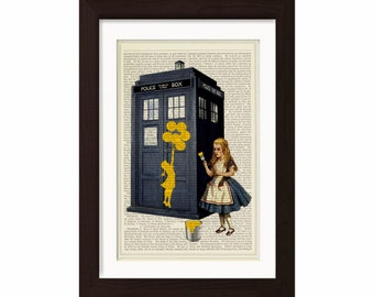 Banksy by Alice on Dr Who Tardis Phone Box Print on upcycled Vintage Page Mixed media Digital