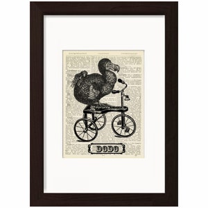 Könnte beinhalten: Eine Schwarzweißillustration eines Dodos, der auf einem Dreirad auf einer alten Buchseite fährt. Der Text "DODO" ist unter dem Bild gedruckt.