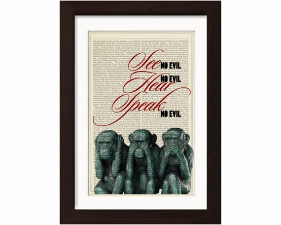 See No Evil Hear No Evil Speak No Evil Print on Upcycled Vintage