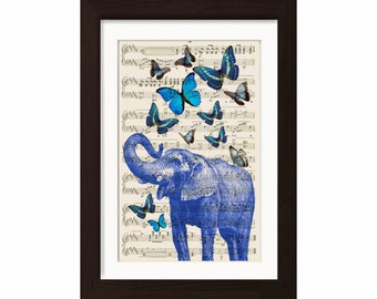 Blue Elephant with Blue Butterflies  print on upcycled Vintage 1920's Sheet Music Page mixed media digital page ink animal
