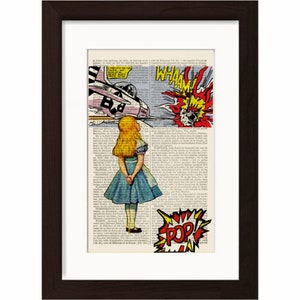 May include: A vintage book page with a pop art illustration of Alice from Alice in Wonderland looking up at a pink airplane with the words "WHAM!" and "POP!" in red and yellow.