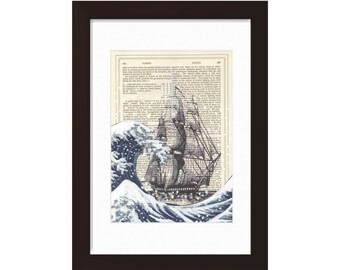 Medios mixtos con pintura acrílica de la Gran Ola de Hokusai con tinta de barco de vela fragata y impresión de pintura en la página antigua de 1870