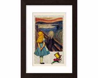 Alice trifft Edvard Munchs Der Schrei auf Upcycled 1890 Französisch Wörterbuch Seite Mixed Media original Digitaldruck