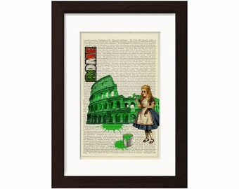 Alice paints Europe Rome Print on upcycled Vintage French Dictionary Page Mixed media Digital