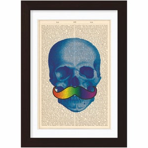 Blue Skull with Rainbow moustache Altered Art mixed media digital Print on repurposed 1870's encyclopaedia Page image 1