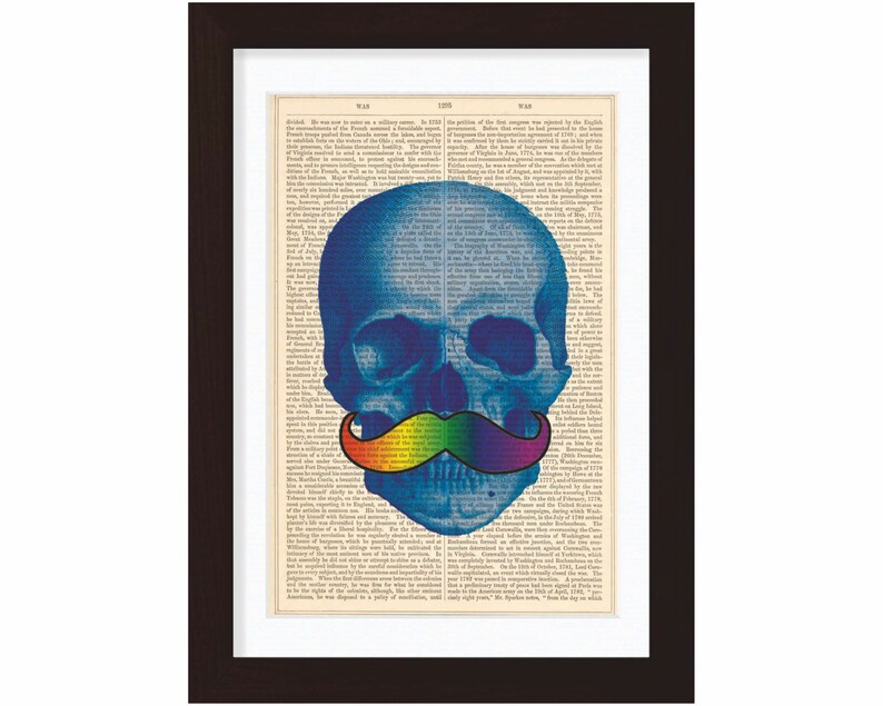 Blue Skull with Rainbow moustache Altered Art mixed media digital Print on repurposed 1870's encyclopaedia Page image 1