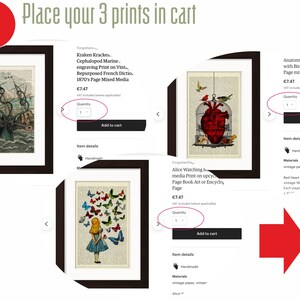 May include: Three framed art prints with a vintage book page aesthetic. The first print features a kraken attacking a ship, the second print features a red heart in a birdcage, and the third print features Alice from Alice in Wonderland surrounded by butterflies. Each print has a quantity selector and an "Add to cart" button.