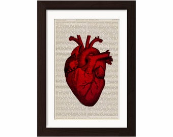 Red Heart  Print on upcycled  1870's Dictionary Page