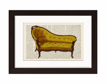 French 18th century Louis XIV Yellow Gold Tapestry 33 chaise longue  Print on repurposed 1870's French Dictionary  Page mixed media digital