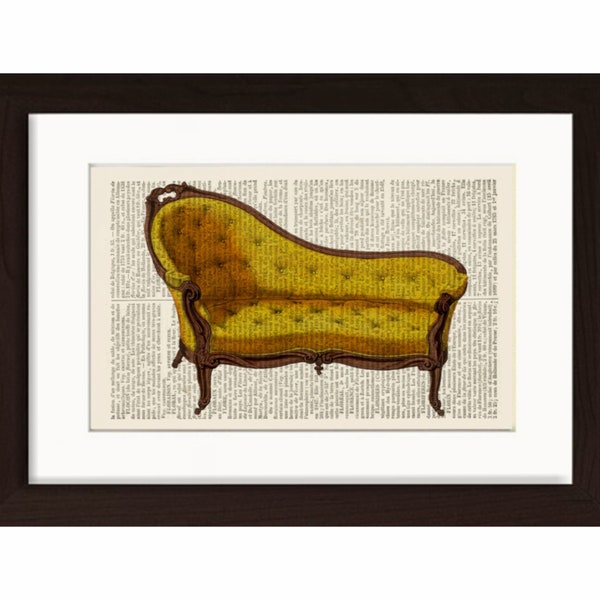 French 18th century Louis XIV Yellow Gold Tapestry 33 chaise longue  Print on repurposed 1870's French Dictionary  Page mixed media digital