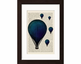 Blue Balloon Print on 1900's  English French Dictionary Upcycled Book Page