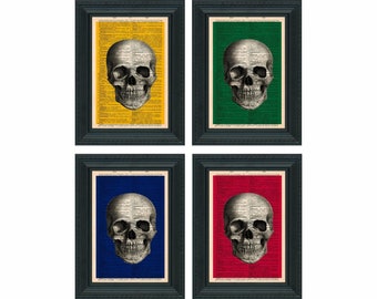 Mixed Media Skulls Set of 4 Colored Skull Prints on Repurposed 1890's French/English Dictionary Pages