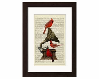 Bird Print Red Cardinal Birds On Gramophone print on vintage (1870's) upcycled book page