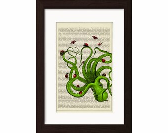 Exotische farbige Oktopus mit Marienkäfer veränderte Kunst antike Gravur Druck auf Vintage umfunktioniert 1860 Seite Mischtechnik digital