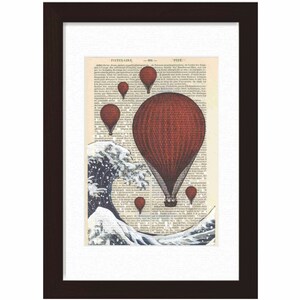 Mixed media with Acrylic Painting of  Hokusai's Great Wave with Red Balloons Ink and Paint Print on 1870's Antique Page