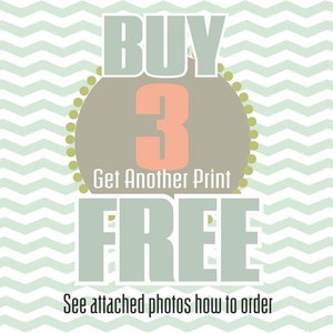 May include: A teal and white chevron pattern background with the text "BUY 3 Get Another Print FREE" in a teal, white, and peach color scheme. The text "See attached photos how to order" is at the bottom of the image.