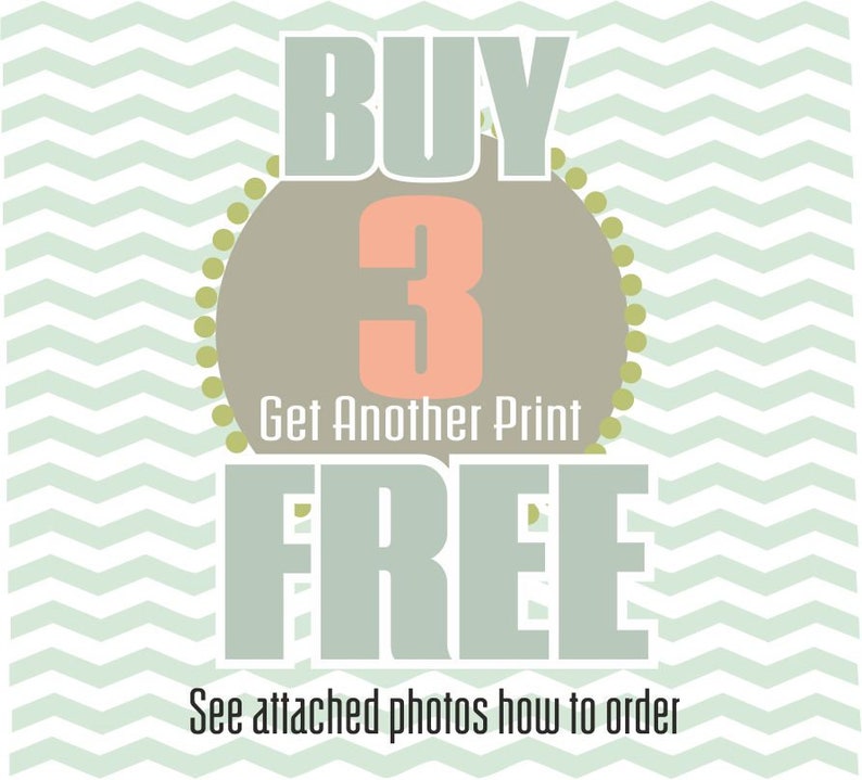 May include: A teal and white chevron pattern background with the text "BUY 3 Get Another Print FREE" in a teal, white, and peach color scheme. The text "See attached photos how to order" is at the bottom of the image.