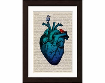 Blue Heart and Birds  Print on upcycled  1870's encyclopaedia  Page