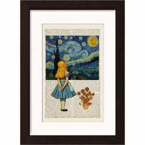 Alice meets Vincent Van Gogh&#39;s Starry Night  & Sunflowers on upcycled 1890&#39;s French Dictionary Page mixed media original digital print