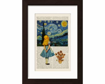 Alice meets Vincent Van Gogh's Starry Night  & Sunflowers on upcycled 1890's French Dictionary Page mixed media original digital print