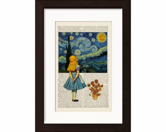 Alice meets Vincent Van Gogh&#39;s Starry Night  & Sunflowers on upcycled 1890&#39;s French Dictionary Page mixed media original digital print