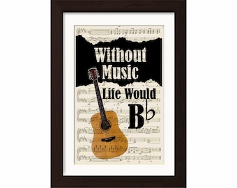 Music Lovers Acoustic Guitar Without Music Life Would Be Flat -Mixed Media  Recycled 1920's Vintage Sheet Music page
