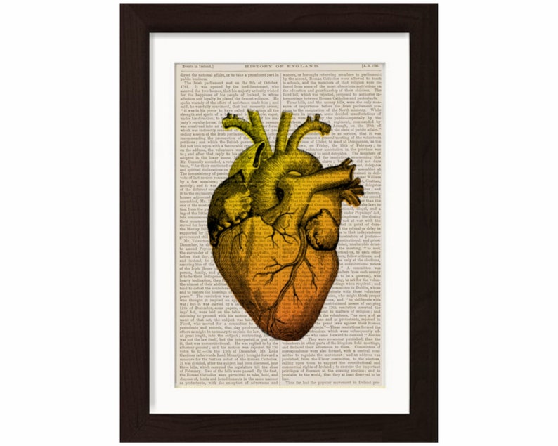 Amber Heart Print on upcycled 1870's encyclopedia Page image 1