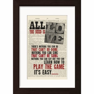 The Beatles All You Need Is Love Song Lyrics print on upcycled Vintage Page  mixed media digital