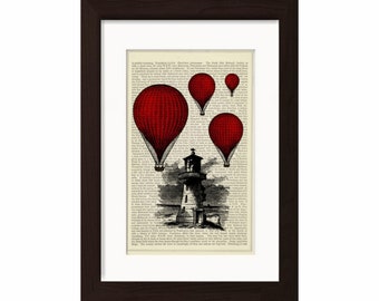 Red Balloon  over Lighthouse Print on 1870's French English Dictionary Recycled Book Page