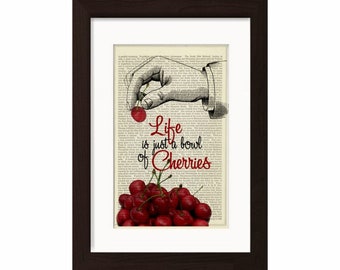 La vida es sólo un tazón de cerezas impresión en upcycled Vintage Page mixed media digital