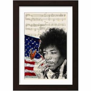 Jimi Hendrix Stars and Stripes Flagge mit Schmetterling verändertem Bild auf upcycled zufälliger Musik Notendruck Mischtechnik digital
