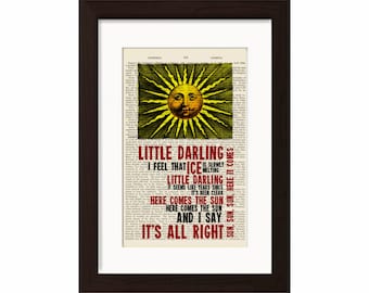 The Beatles Here Comes The Sun Song Lyrics print on upcycled Vintage Page