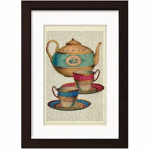 May include: A vintage tea set featuring a teapot, two cups, and saucers. The teapot is decorated with blue and gold floral patterns, while the cups and saucers have red and gold geometric designs. The set is displayed on a page of an antique book.