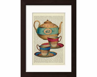 China Teetassen und Teekanne Druck auf Vintage 1870 umfunktioniert Seite Mixed Media digital