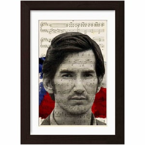 Townes Van Zandt with Texan Flag Print  on upcycled music sheet print
