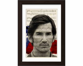 Townes Van Zandt con estampado de bandera texana en la impresión de partituras upcycled