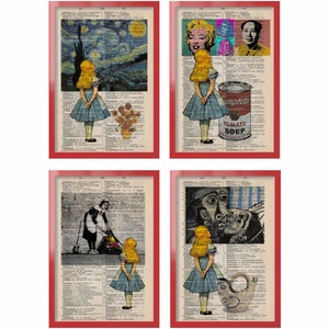 Alice meets The Artists Set of 4 5 x 7 French Dictionary Mixed Media Original- Banksy. Warhol, Picasso,Van Gogh, Munch,Pollack, Lichtenstein