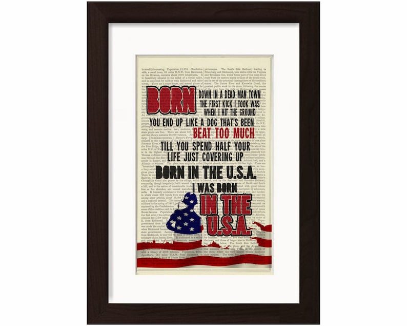 Bruce Springsteen Born In The USA song lyric Print on upcycled Vintage Page mixed media digital image 1