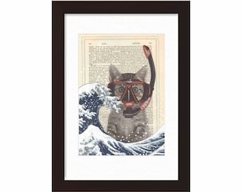 Skurrile Mischmedien mit Acryl-Gemälde von Hokusais große Welle mit Scuba Cat Tinte und Farbe Druck auf 1870 antike Seite